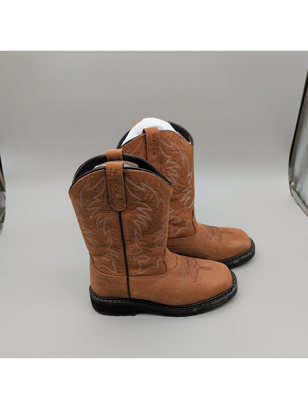 Hunthor Western Cowboy Pull-On Work Boots Steel Toe Brown Men's Size 10.5